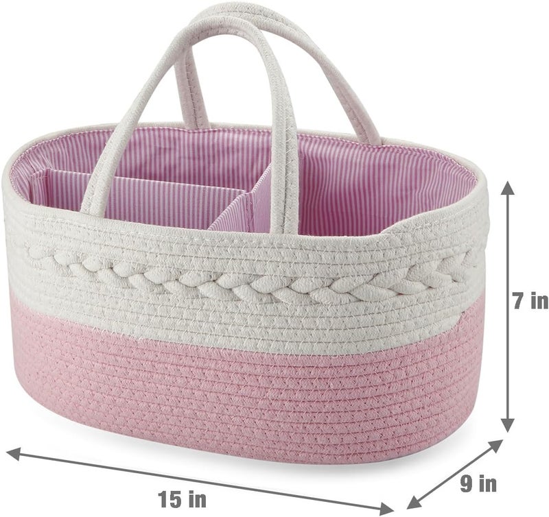 PandaEar Baby Diaper Caddy Organizer Cotton Rope Nursery Storage Basket Portable Car Organizer for Baby Shower Gifts Newborn Infants Pink - Image 2