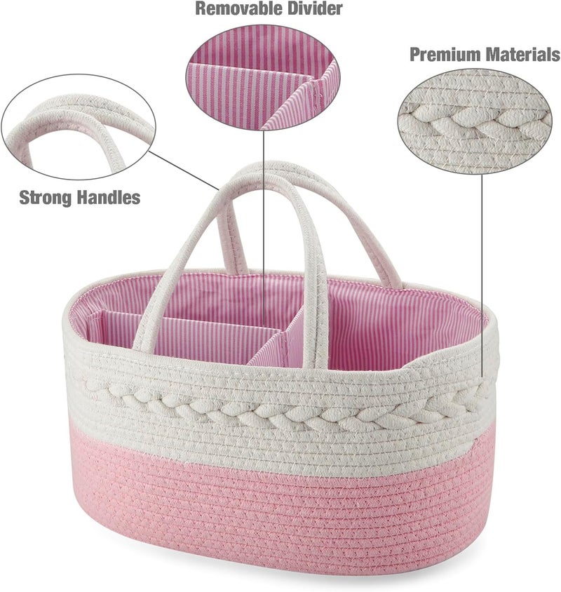 PandaEar Baby Diaper Caddy Organizer Cotton Rope Nursery Storage Basket Portable Car Organizer for Baby Shower Gifts Newborn Infants Pink - Image 4