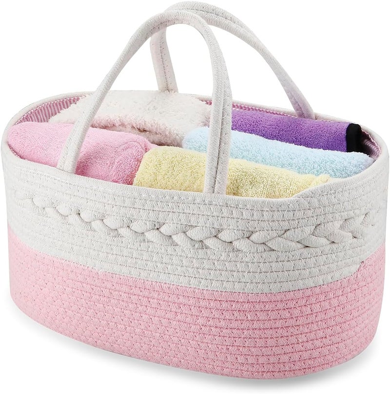 PandaEar Baby Diaper Caddy Organizer Cotton Rope Nursery Storage Basket Portable Car Organizer for Baby Shower Gifts Newborn Infants Pink - Image 3