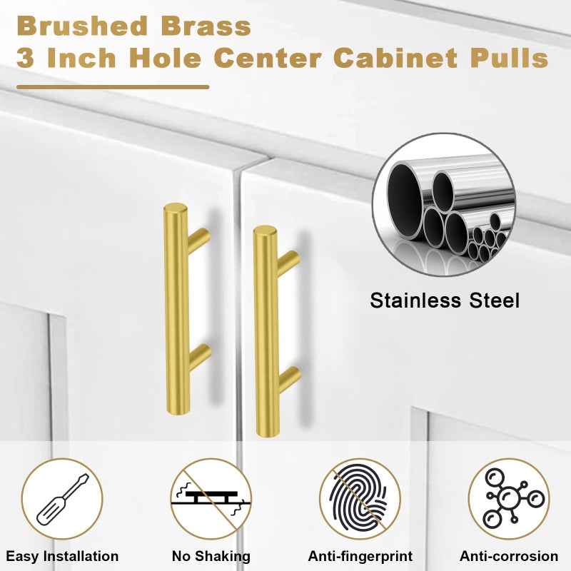 Estmoon 30 Pack Brushed Brass Cabinet Handles Gold 3 Inch Hole Center Cabinet Pulls Stainless Steel Drawer Handles Kitchen Cabinet Hardware Pulls for Cabinets and Drawers - 5" Length, 3" Hole Center - Image 3
