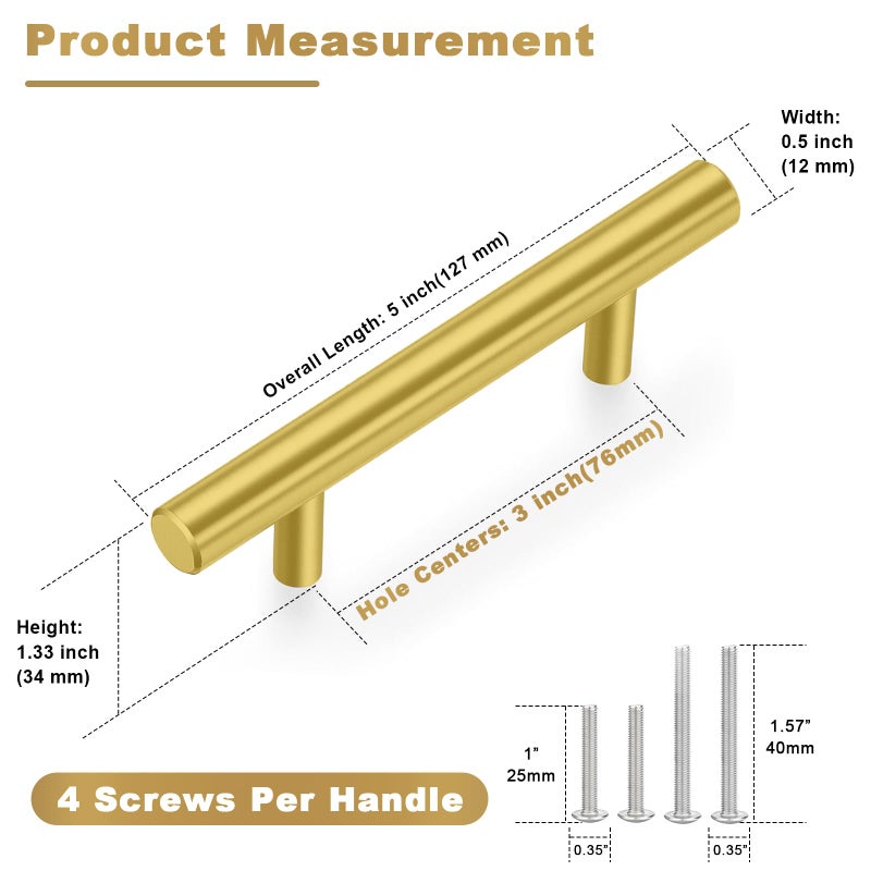 Estmoon 30 Pack Brushed Brass Cabinet Handles Gold 3 Inch Hole Center Cabinet Pulls Stainless Steel Drawer Handles Kitchen Cabinet Hardware Pulls for Cabinets and Drawers - 5" Length, 3" Hole Center - Image 5