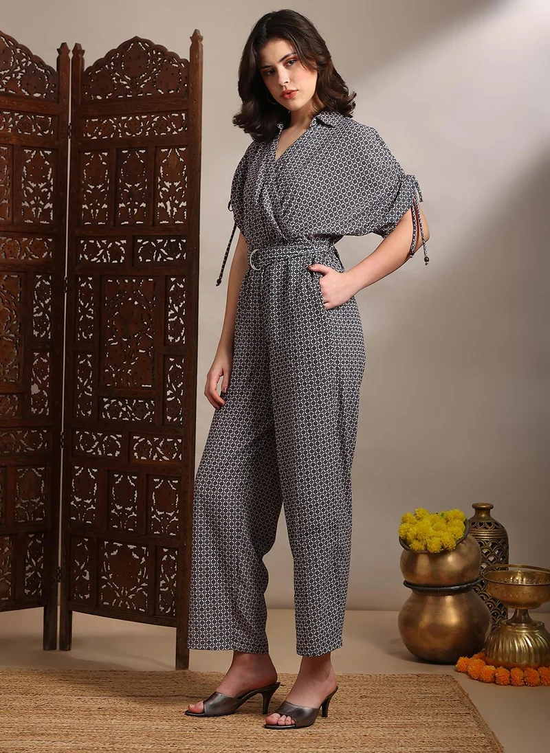 globus Globus Women Black Geometric Print Collared Neck Ruched Extended Sleeves Belted Long Line Jumpsuit