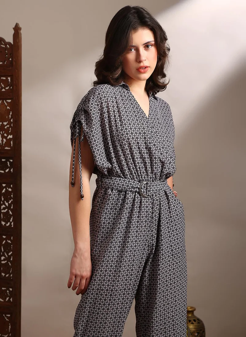 globus Globus Women Black Geometric Print Collared Neck Ruched Extended Sleeves Belted Long Line Jumpsuit
