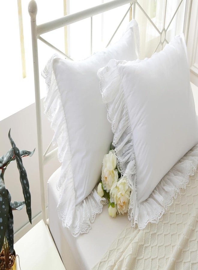 Meaning4 White Pillow Shams with Lace Ruffles Vintage Shabby Chic Pillowcases Pillow Covers Cotton Standard Size 20"X26" Luxury Elegant 2-Pack - Image 1