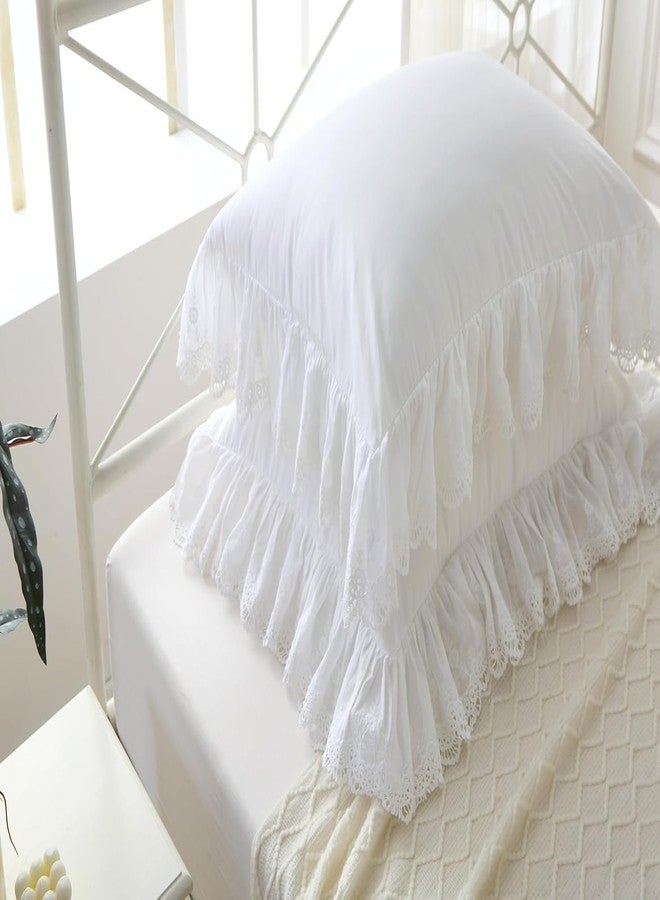 Meaning4 White Pillow Shams with Lace Ruffles Vintage Shabby Chic Pillowcases Pillow Covers Cotton Standard Size 20"X26" Luxury Elegant 2-Pack - Image 4