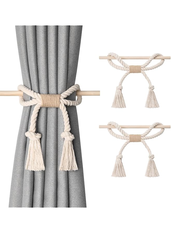 The Bros 2 Pack Natural Cotton Rope Curtain Tiebacks, European Style Decorative Curtain Holdbacks, Farmhouse Hand-Woven Curtain Holdbacks with Wood Club for Home Office Drapery 