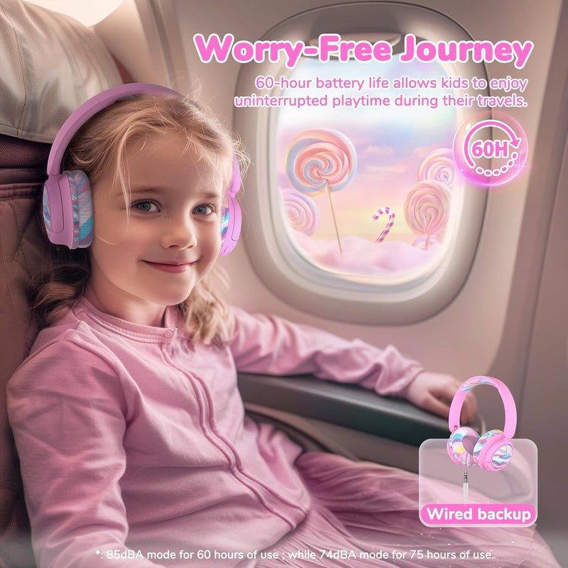 iClever BTH22 Kids Bluetooth Headphones, 60H Play Time, 74/85 dBA Safe Volume, Bluetooth 5.4, USB C, Over Ear Kids Headphones Wireless with Mic AUX Cord for iPad/Tablet/Travel/School, Pink-Stripe - Image 3