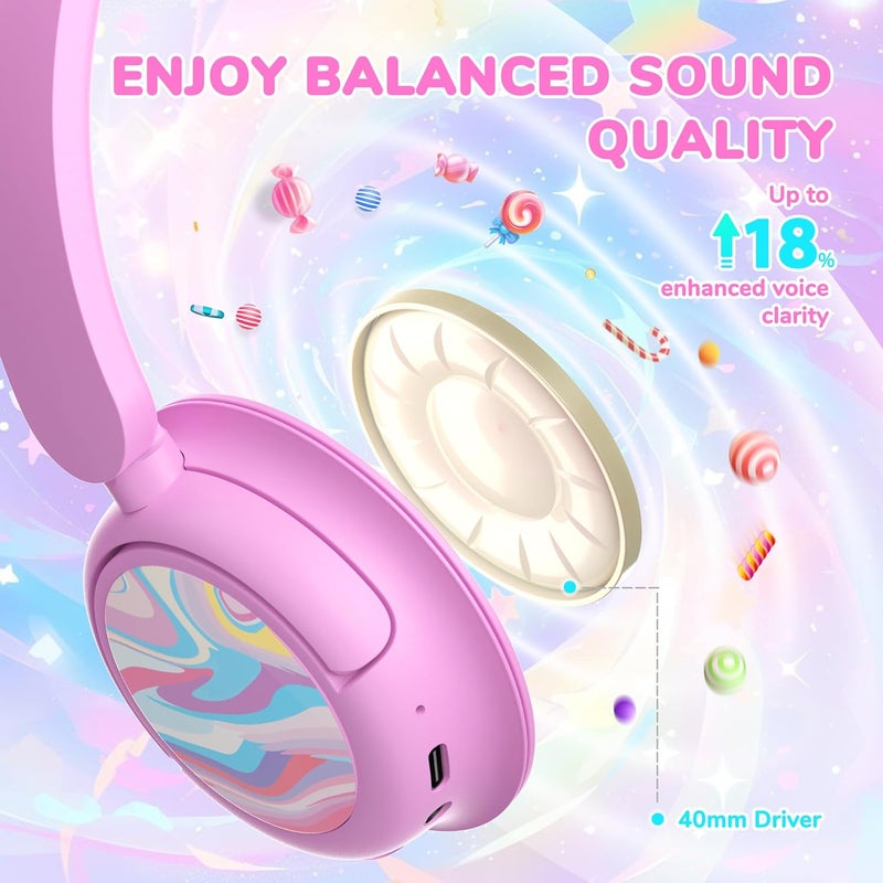 iClever BTH22 Kids Bluetooth Headphones, 60H Play Time, 74/85 dBA Safe Volume, Bluetooth 5.4, USB C, Over Ear Kids Headphones Wireless with Mic AUX Cord for iPad/Tablet/Travel/School, Pink-Stripe - Image 5