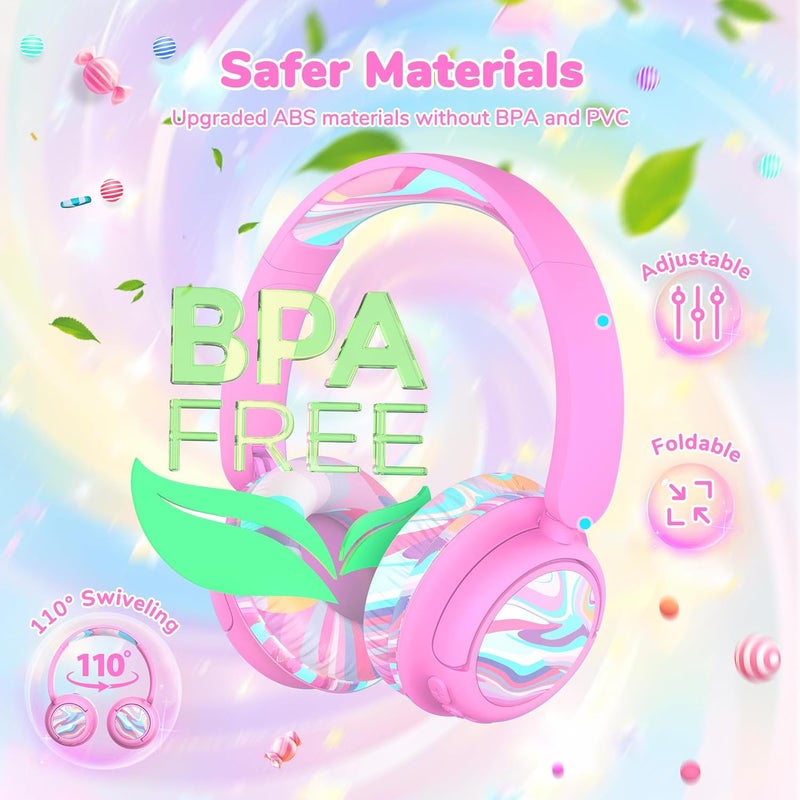 iClever BTH22 Kids Bluetooth Headphones, 60H Play Time, 74/85 dBA Safe Volume, Bluetooth 5.4, USB C, Over Ear Kids Headphones Wireless with Mic AUX Cord for iPad/Tablet/Travel/School, Pink-Stripe - Image 4