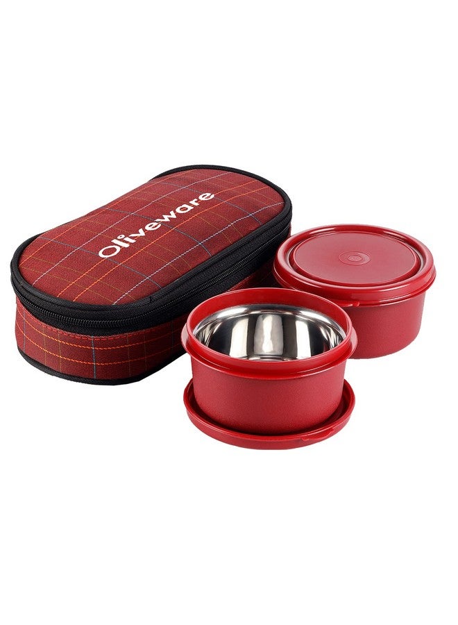 SOPL-OLIVEWARE علبة غداء أوليف وير دينيز، 2 حاويات داخلية من الفولاذ (450 مل لكل منهما)، مانعة للتسرب وآمنة للاستخدام في الميكروويف، حقيبة قماش معزولة، وجبة كاملة وسهلة الحمل (أحمر) - Image 1