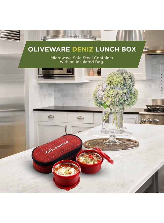 SOPL-OLIVEWARE علبة غداء أوليف وير دينيز، 2 حاويات داخلية من الفولاذ (450 مل لكل منهما)، مانعة للتسرب وآمنة للاستخدام في الميكروويف، حقيبة قماش معزولة، وجبة كاملة وسهلة الحمل (أحمر) - Image 4