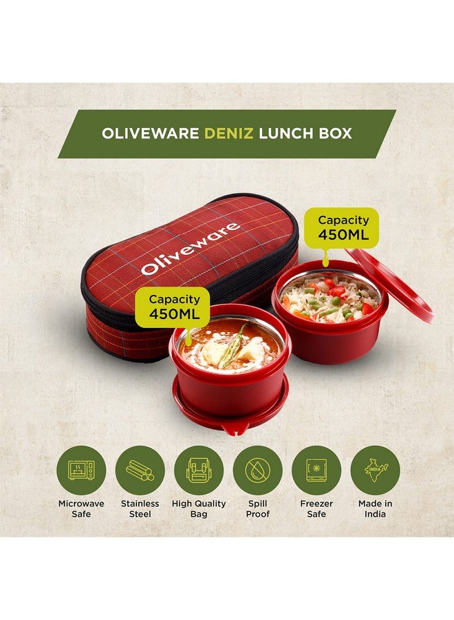 SOPL-OLIVEWARE علبة غداء أوليف وير دينيز، 2 حاويات داخلية من الفولاذ (450 مل لكل منهما)، مانعة للتسرب وآمنة للاستخدام في الميكروويف، حقيبة قماش معزولة، وجبة كاملة وسهلة الحمل (أحمر) - Image 2