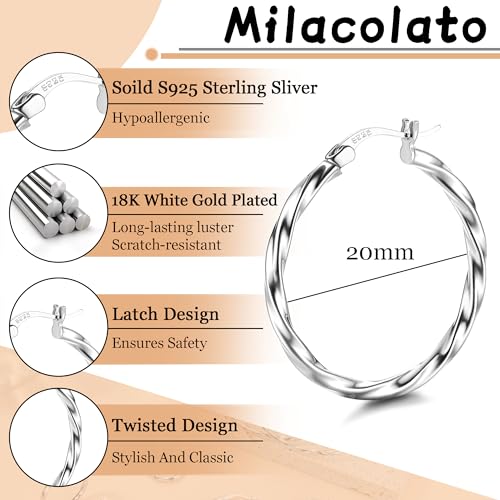 Milacolato 925 Sterling Silver Hoop Earrings for Women 18K White Gold Plated Twisted Hoop Earrings Hypoallergenic Lightweight Click-Top Big Hoop Earring 20mm - Image 2