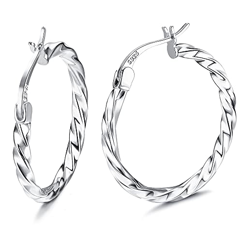 Milacolato 925 Sterling Silver Hoop Earrings for Women 18K White Gold Plated Twisted Hoop Earrings Hypoallergenic Lightweight Click-Top Big Hoop Earring 20mm - Image 1
