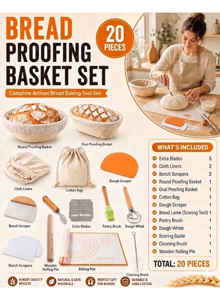 Sourdough Starter Kit, Sourdough Baking Supplies with 2 Upgrade rattan Bread Proofing Baskets, with Bread Lame, Danish Whish, Bowl Scraper, Sourdough Scraper, and Linen Liners - Image 1