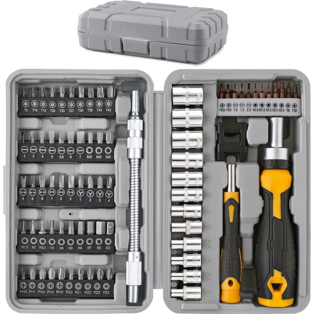 Screwdriver Bit Set with 1/4 inch Hex Socket, 78Pcs Precision Flexible Extension, Tamperproof and Torx Bits, Magnetic Multi-Bit Tool Kit for Home, Auto and Electronics Repair, Storage Case