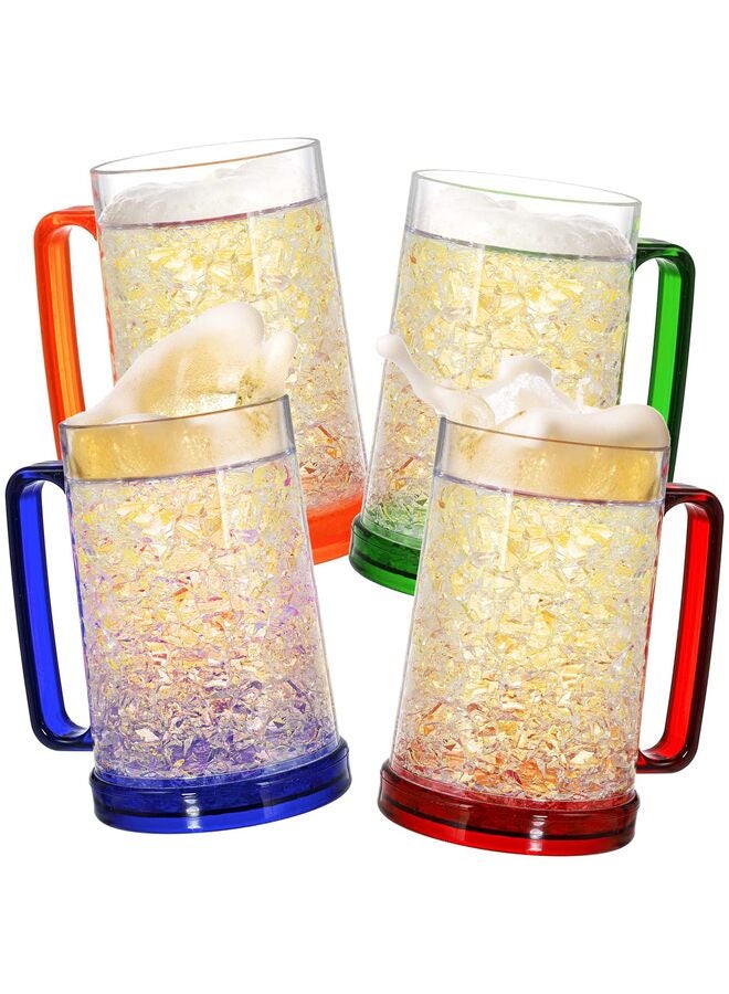 LAMAY Freezer Beer Mugs, 4 Pack Double Wall Gel Frosty Freezer Ice Mugs, Plastic Beer Mugs With Handles for Parties and Gifts, 16oz (Blue, Red, Orange and Green) - Image 1