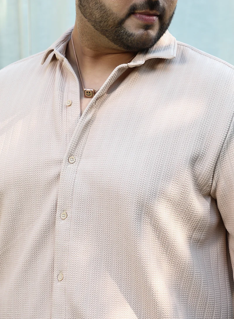 Instafab Plus Instafab Plus Men's Ecru Beige Chevron-Panel Tactile Shirt For Casual Wear | Spread Collar | Long Cuffed Sleeves | Button Closure | Plus Size Shirt Crafted With Comfort Fit For Everyday Wear