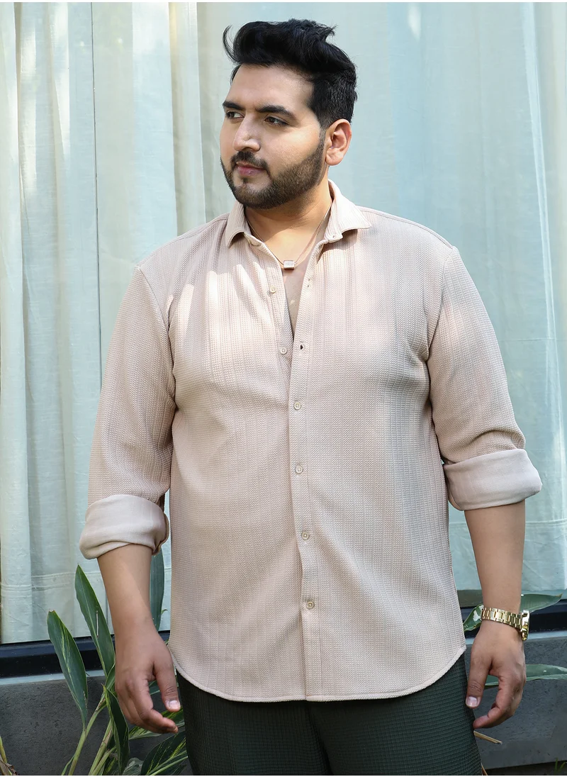 انستافاب بلس Instafab Plus Men's Ecru Beige Chevron-Panel Tactile Shirt For Casual Wear | Spread Collar | Long Cuffed Sleeves | Button Closure | Plus Size Shirt Crafted With Comfort Fit For Everyday Wear
