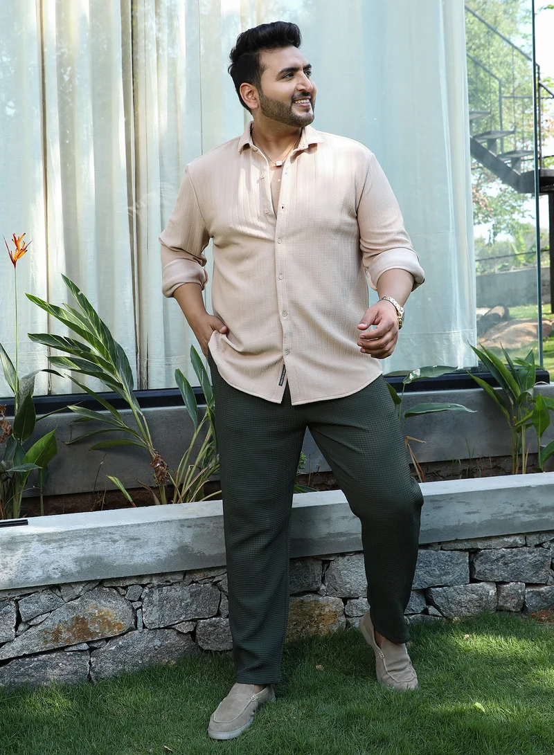 Instafab Plus Instafab Plus Men's Ecru Beige Chevron-Panel Tactile Shirt For Casual Wear | Spread Collar | Long Cuffed Sleeves | Button Closure | Plus Size Shirt Crafted With Comfort Fit For Everyday Wear