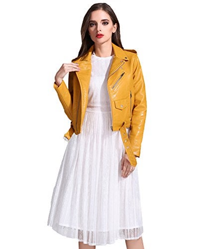 LY VAREY LIN Womens Faux Leather Motorcycle Jacket PU Slim Short Biker Coat M Yellow - Image 3