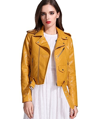 LY VAREY LIN Womens Faux Leather Motorcycle Jacket PU Slim Short Biker Coat M Yellow - Image 1