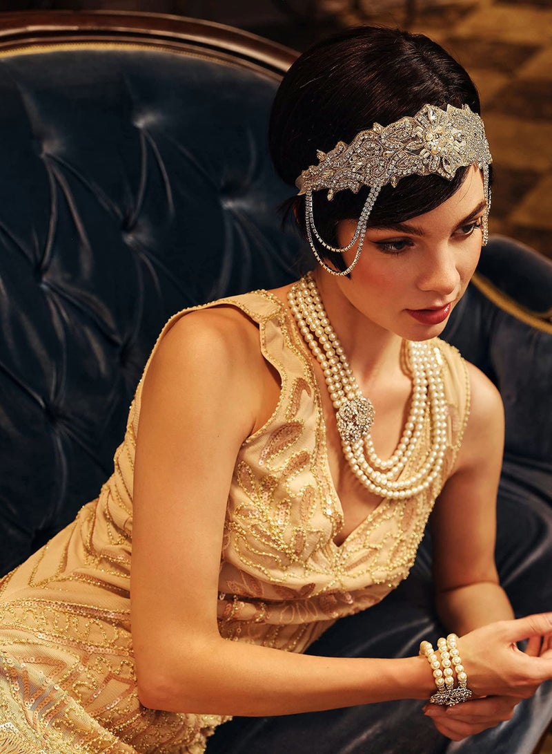 Excefore Flapper Headband Rhinestone Elastic 20s Bridal Headpiece Great Gatsby Accessory with Rhinestones Chain for 1920s Themed Wedding Costume - Image 2