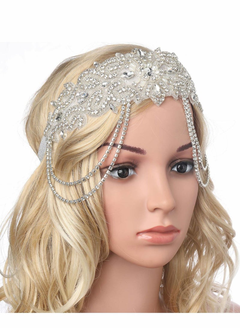 Excefore Flapper Headband Rhinestone Elastic 20s Bridal Headpiece Great Gatsby Accessory with Rhinestones Chain for 1920s Themed Wedding Costume - Image 4