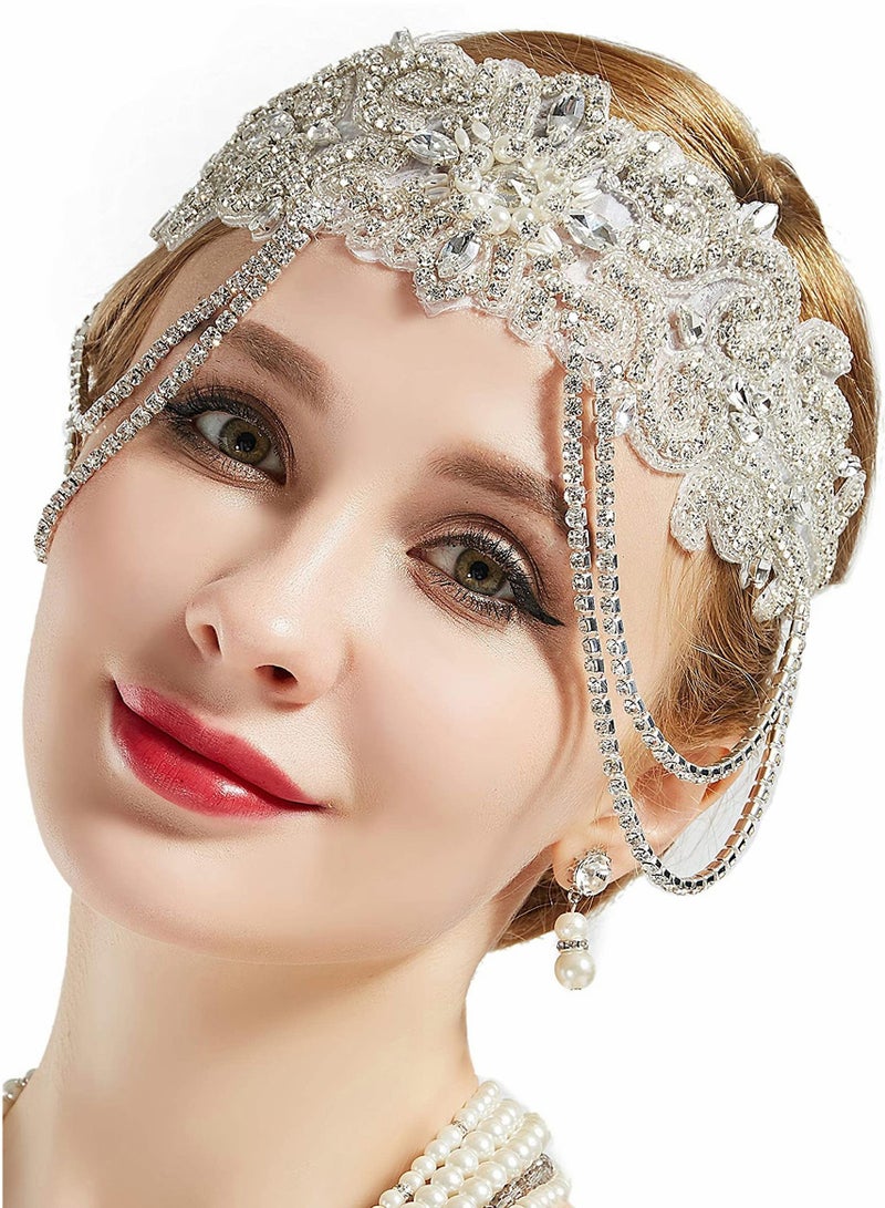 Excefore Flapper Headband Rhinestone Elastic 20s Bridal Headpiece Great Gatsby Accessory with Rhinestones Chain for 1920s Themed Wedding Costume - Image 1