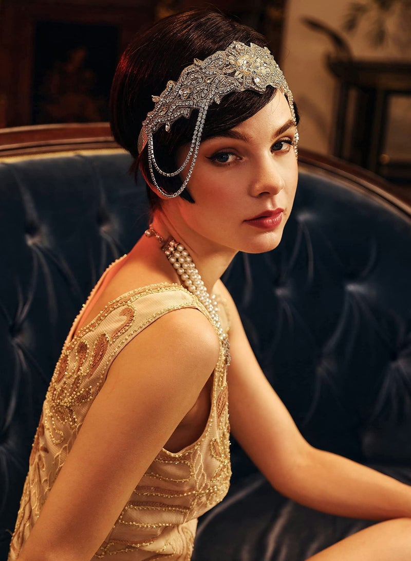 Excefore Flapper Headband Rhinestone Elastic 20s Bridal Headpiece Great Gatsby Accessory with Rhinestones Chain for 1920s Themed Wedding Costume - Image 3