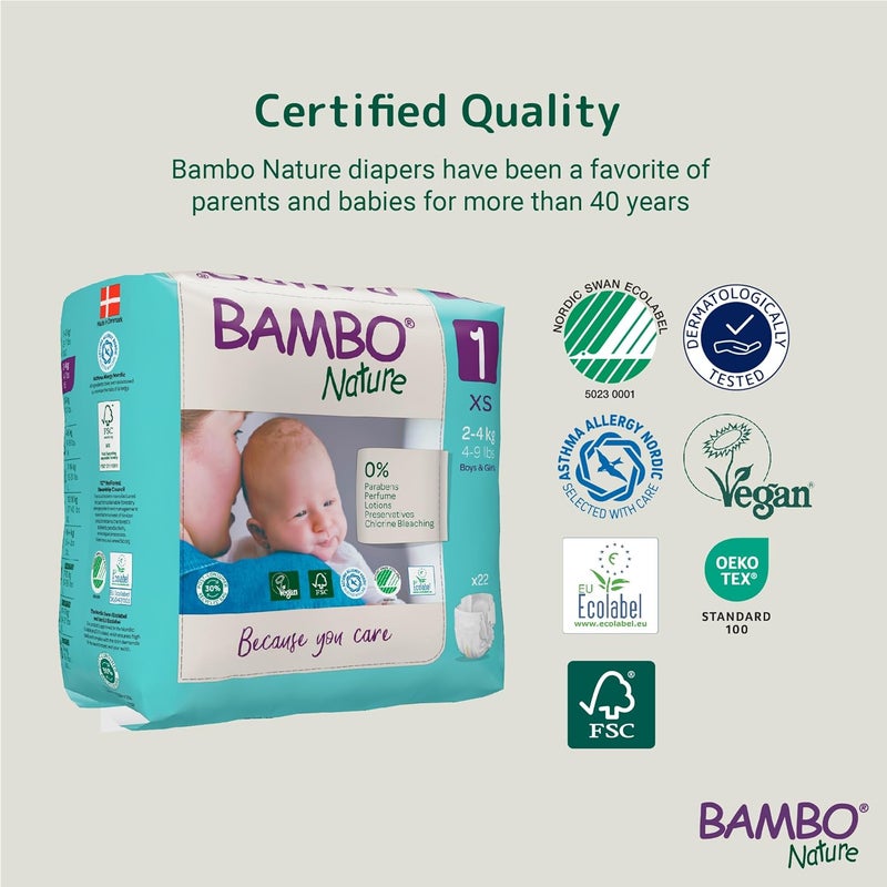 BAMBO NATURE حفاضات بيبي شريط متميزة للمواليد الجدد حجم XS (2-4 كجم) - فائقة الامتصاص، قابلة للتنفس، ناعمة جداً، مختبرة جلدياً، حفاضات مضادة للحساسية مع مؤشر الرطوبة، 22 قطعة - Image 4