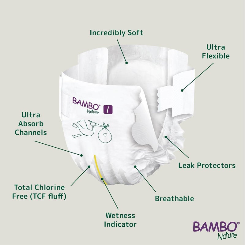 BAMBO NATURE حفاضات بيبي شريط متميزة للمواليد الجدد حجم XS (2-4 كجم) - فائقة الامتصاص، قابلة للتنفس، ناعمة جداً، مختبرة جلدياً، حفاضات مضادة للحساسية مع مؤشر الرطوبة، 22 قطعة - Image 3