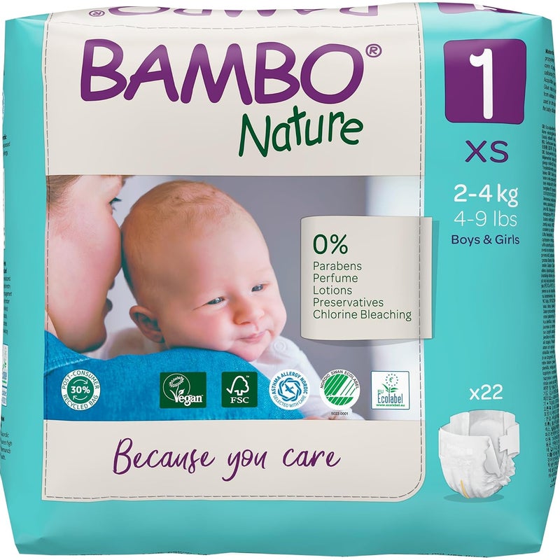 BAMBO NATURE حفاضات بيبي شريط متميزة للمواليد الجدد حجم XS (2-4 كجم) - فائقة الامتصاص، قابلة للتنفس، ناعمة جداً، مختبرة جلدياً، حفاضات مضادة للحساسية مع مؤشر الرطوبة، 22 قطعة - Image 1