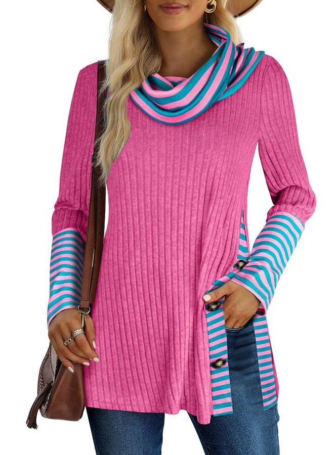 Miusey Striped Pullover Sweater Christmas Sweatshirt Loose Fit Lightweight Tunic Sweaters to Wear with Leggings Pink Green M - Image 1