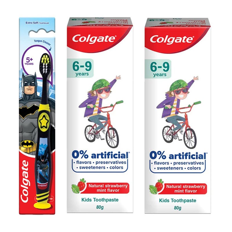 Colgate Toothpaste for Kids (6-9 years), Natural Strawberry Mint Flavour, 0% Artificial- 80g (Pack of 2) with Kid's Batman Extra Soft Toothbrush (5+ yrs) - 1 Pc - Image 1