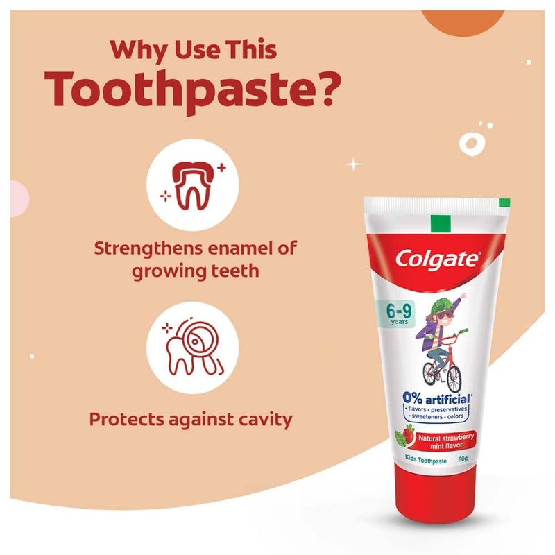 Colgate Toothpaste for Kids (6-9 years), Natural Strawberry Mint Flavour, 0% Artificial- 80g (Pack of 2) with Kid's Batman Extra Soft Toothbrush (5+ yrs) - 1 Pc - Image 4