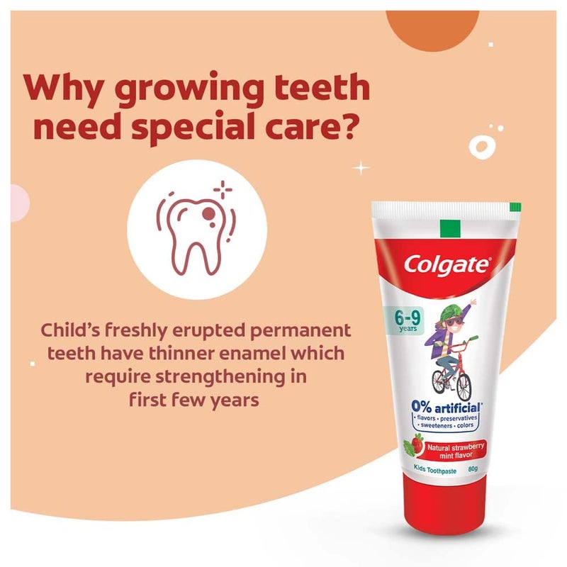 Colgate Toothpaste for Kids (6-9 years), Natural Strawberry Mint Flavour, 0% Artificial- 80g (Pack of 2) with Kid's Batman Extra Soft Toothbrush (5+ yrs) - 1 Pc - Image 3