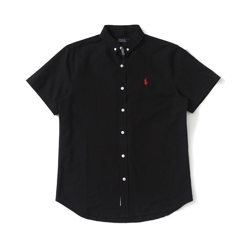 Daniu Rl Raffy Pony Logo Pure Color Embroidered Short-Sleeved Shirt Couple Style Lapel Fit Half-Sleeved Work Clothing Black