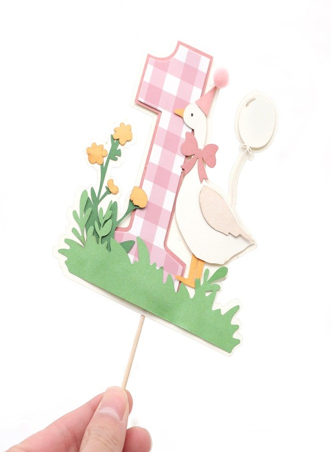 YOUAME Pink Goose Cake Topper For Girls- First Year Cake Smash Decorations, Pink Gingham One Goose Cake Picks, Baby Girls 1 Year Animal Cake Photo Props - Image 4
