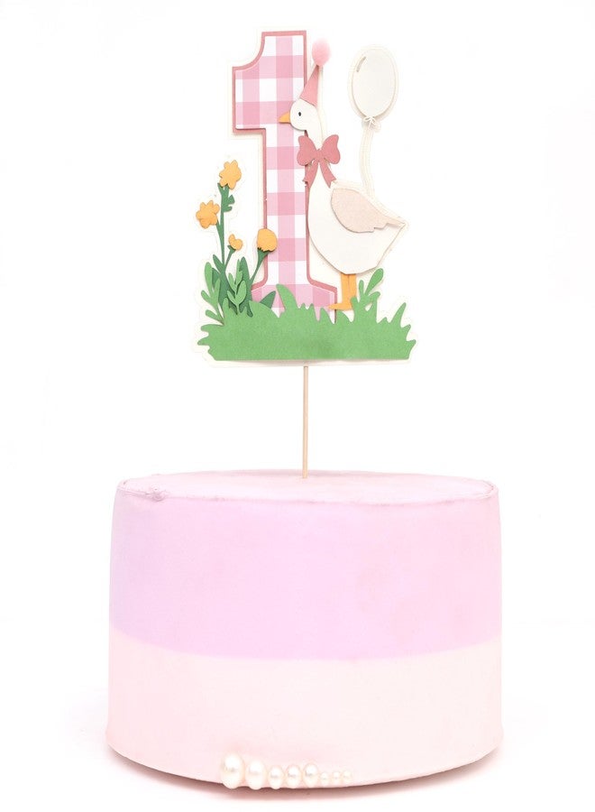 YOUAME Pink Goose Cake Topper For Girls- First Year Cake Smash Decorations, Pink Gingham One Goose Cake Picks, Baby Girls 1 Year Animal Cake Photo Props - Image 1
