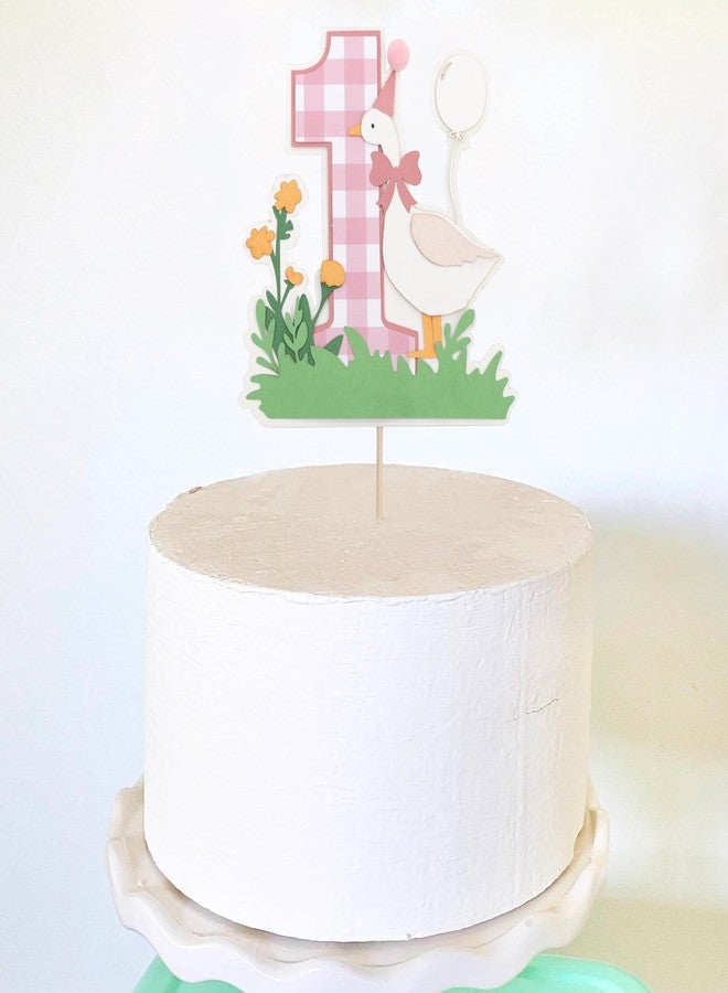 YOUAME Pink Goose Cake Topper For Girls- First Year Cake Smash Decorations, Pink Gingham One Goose Cake Picks, Baby Girls 1 Year Animal Cake Photo Props - Image 3