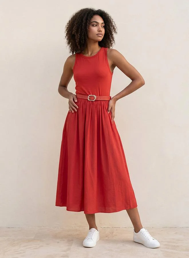 Youth A-line Midi Dress Pin Buckle Belt