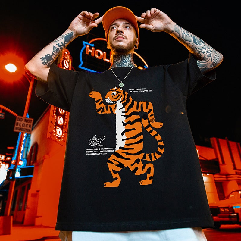 T18 polyester printed short sleeve T-shirt M-8XL Hong Kong style oversize European and American hip hop T-shirt plus size half sleeve fashion - Image 1