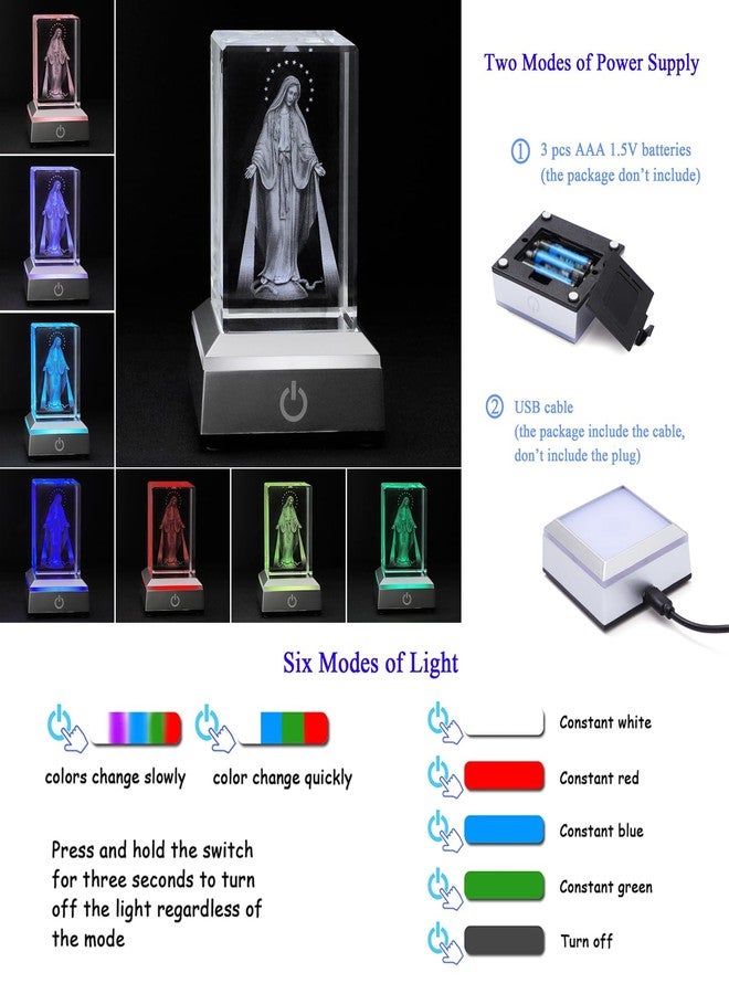 KOMI 3D Crystal Virgin Mary Figurine Statue with LED Light Base, Laser Engraved Mother Mary Statues Religious Gifts for Women Men, Night Light for Bedroom, Christian Catholic Home Decor - Image 2