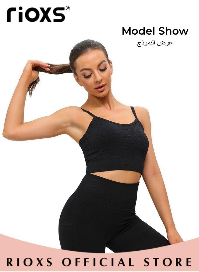 RIOXS - Women's Sports Bra Yoga Underwear Adjustable Back Strap Wireless Padded Sports Bras Shockproof Comfy Soft Stretch Seamless Tank Tops Solid Color Neckless Bra For Women Ladies - Image 1