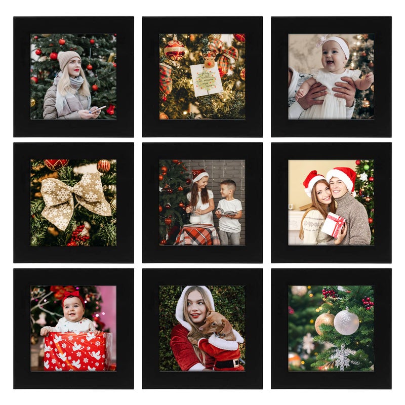 Golden State Art, Set of 9, 4x4 Picture Frames, Smartphone Instagram Frame Collection, Square Wood Frames with Tempered Glass, Black - Image 1