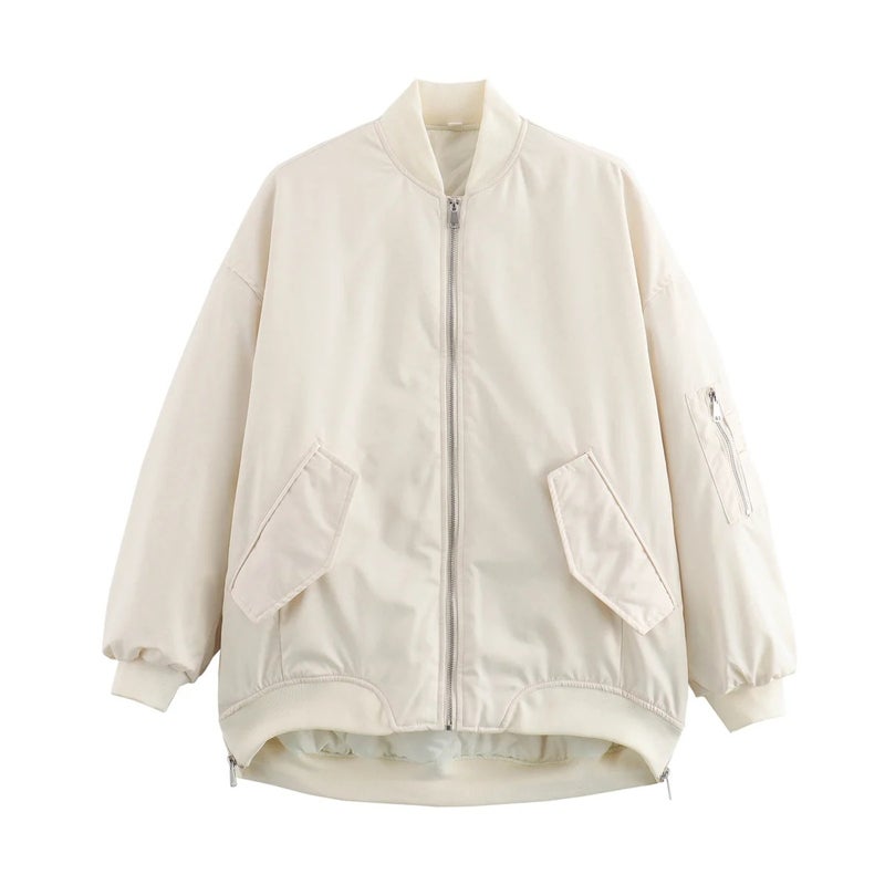 BM Boyfriend Neutral Style Vertical Collar Zipper Flying Cardigan Jacket Fashion Loose All-match Casual Solid Color Jacket Top Beige 