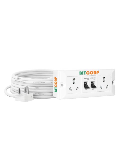 Bitcorp Extension Cord 6000W 16A 20A 25A Spike Guard Thermal Protection 2 Way Multi Pin Outlet 2 Mcb Power Cord with 5 Meter Long Wire Cable Suitable for Small and Heavy Duty Appliance
