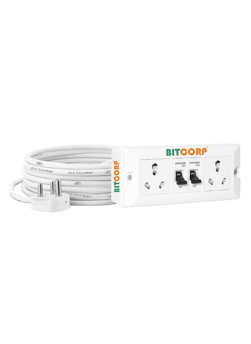 Bitcorp Extension Cord 6000W 16A 20A 25A Spike Guard Thermal Protection 2 Way Multi Pin Outlet 2 Mcb Power Cord with 5 Meter Long Wire Cable Suitable for Small and Heavy Duty Appliance
