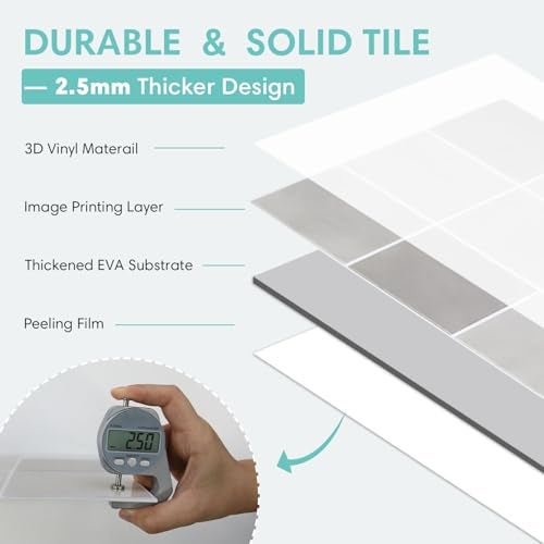 Commomy Thicker Gray Peel and Stick Tiles - 10 pcs of 12" x 12" - 3D Adhesive Square Peel and Stick Tiles Backsplash for Kitchen, Bathroom, Removable, Waterproof, Vinyl Wall Tile (Gray) - Image 3